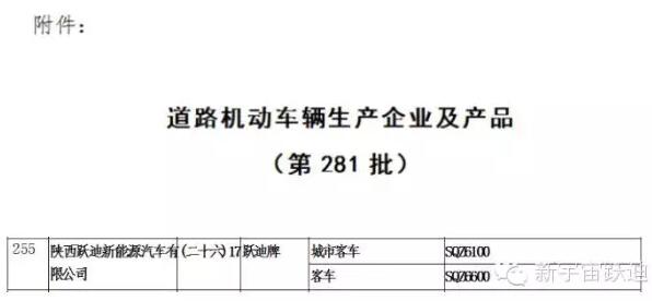 熱烈祝賀躍迪集團(tuán)旗下陜西躍迪公司SQZ6600KA、SQZ6100NG車型正式列入工信部產(chǎn)品公告目錄（第281批）